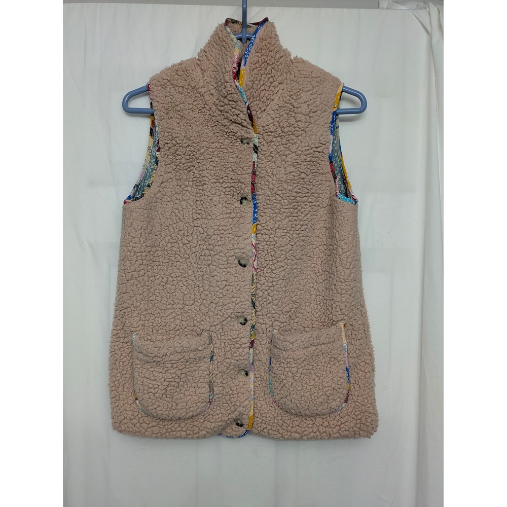 Easel Women Tan Sherpa Fleece Vest Floral Lined Button Front Small Boho